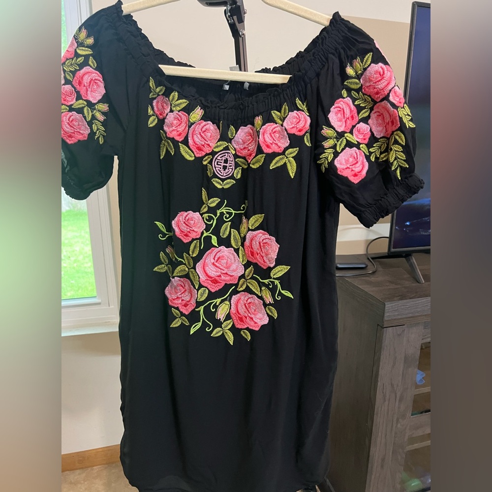 Black Mini Dress with Pink Rose Embroidery - Women's Off-Shoulder